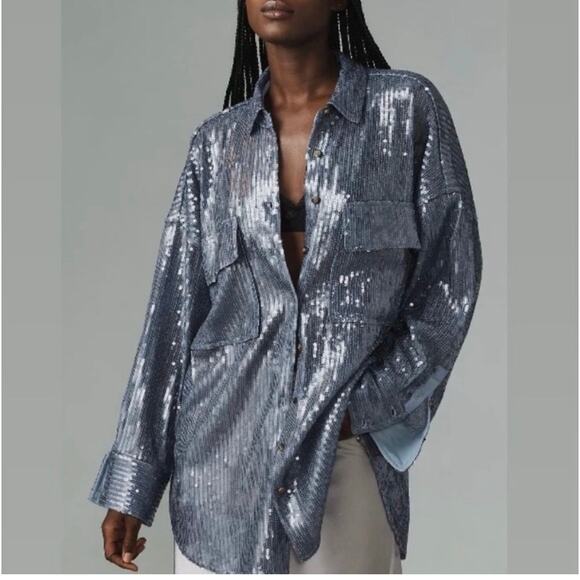 Anthropologie Pilcro Blue Sequin Oversized Button Up Blouse Size XL NEW - Picture 4 of 16